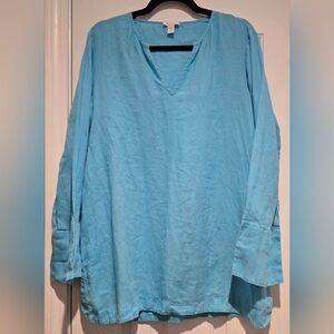 women's Saks Fifth Avenue sz large blue long sleeve flowy 100% linen tunic style